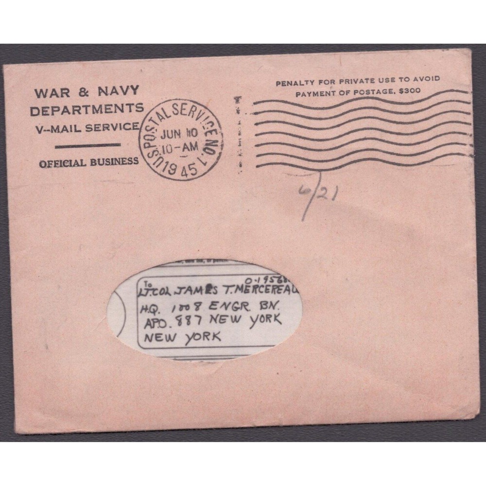 WWII V-Mail Cover 1008th Engineer Battalion Lt Col Mercereau APO 887 1945